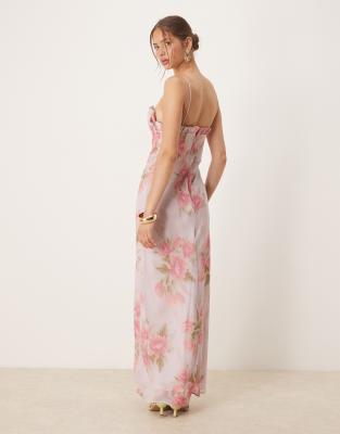 Bustier Zonnejurk Met Print, Vrouwen Bloemen Korset Midi Jurk Laag Uitgesneden Mouwloze Vierkante Hals Korsetjurk (Color : Pink, Size : XL