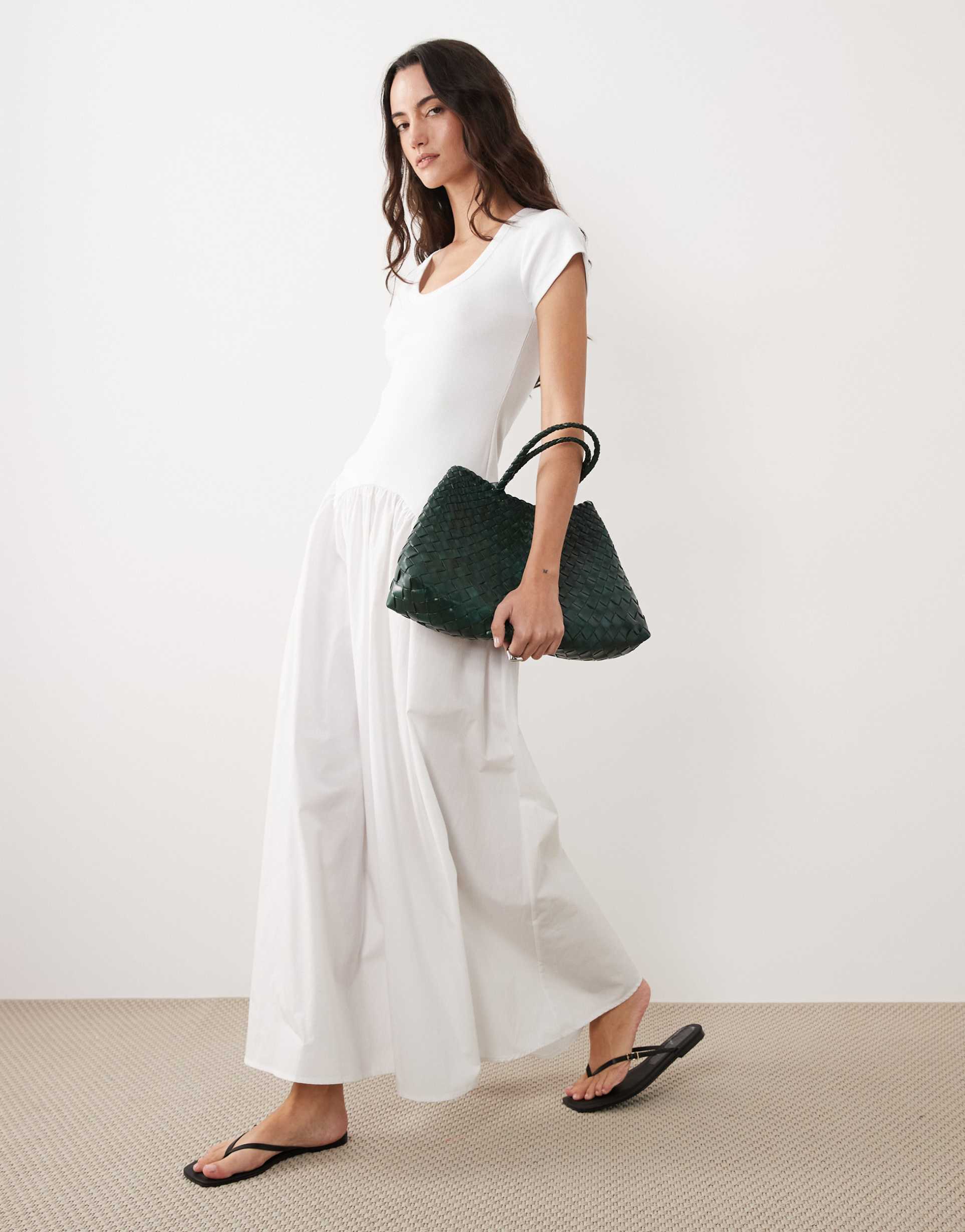 asos design hybrid dropped waist maxi dress with poplin skirt in white