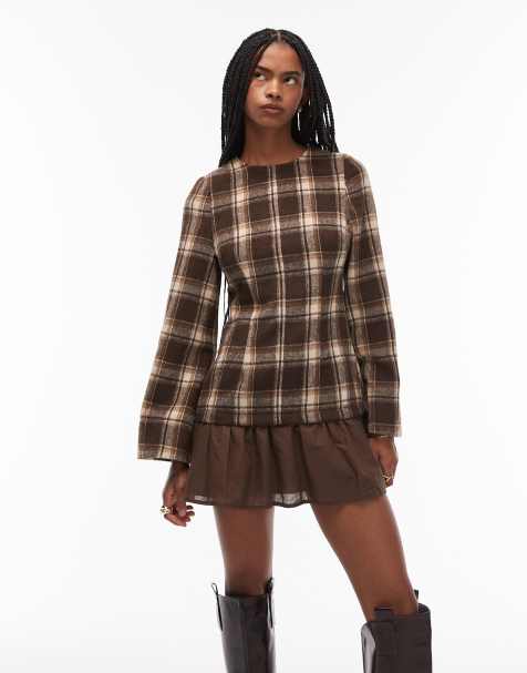 ASOS DESIGN hybrid dropped waist mini dress in chocolate check - view 1