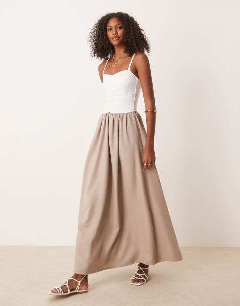 ASOS DESIGN hybrid dropped waist ruched top maxi dress in neutral - view 1