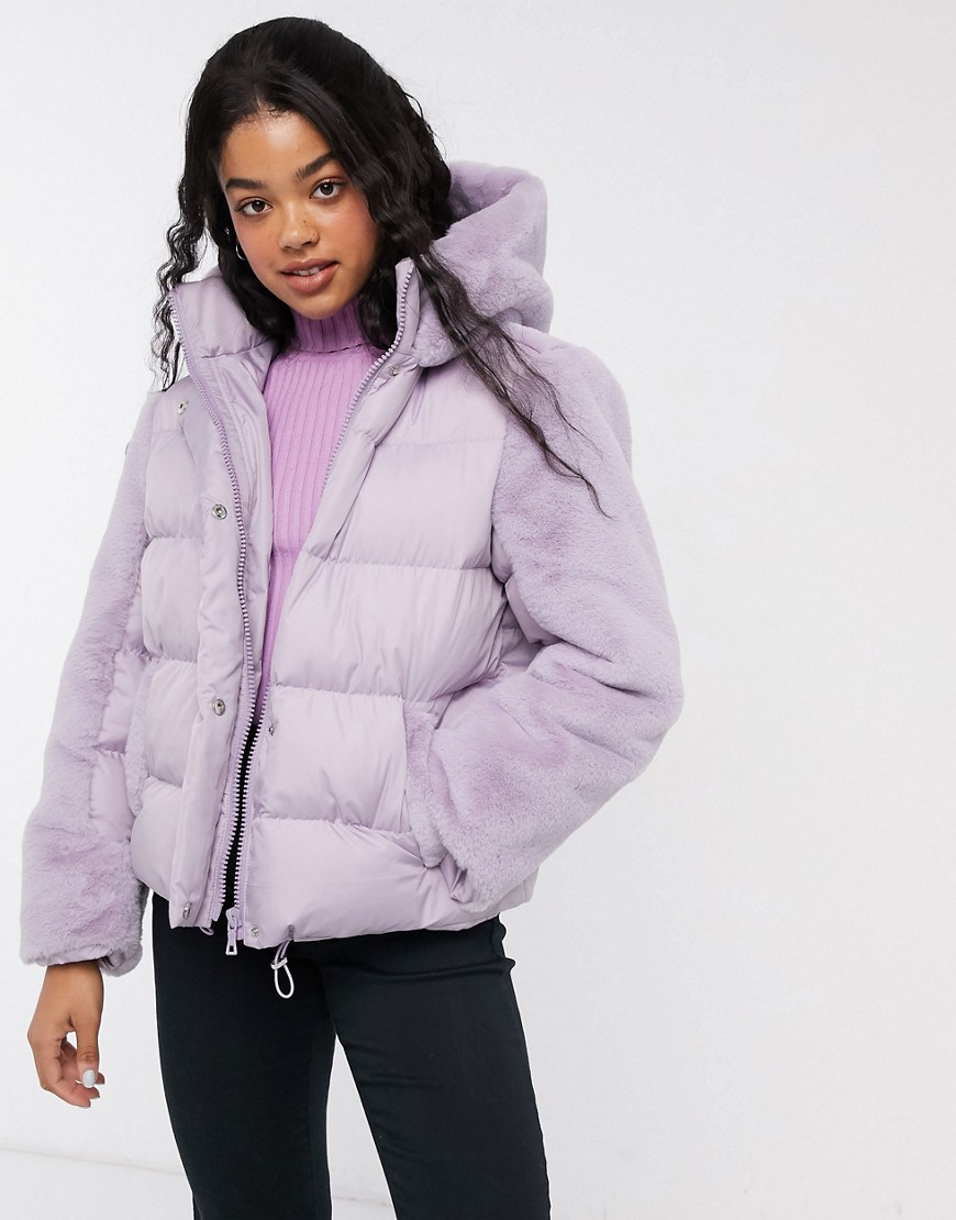 ASOS DESIGN hybrid faux fur paneled puffer jacket in lilac-Purple