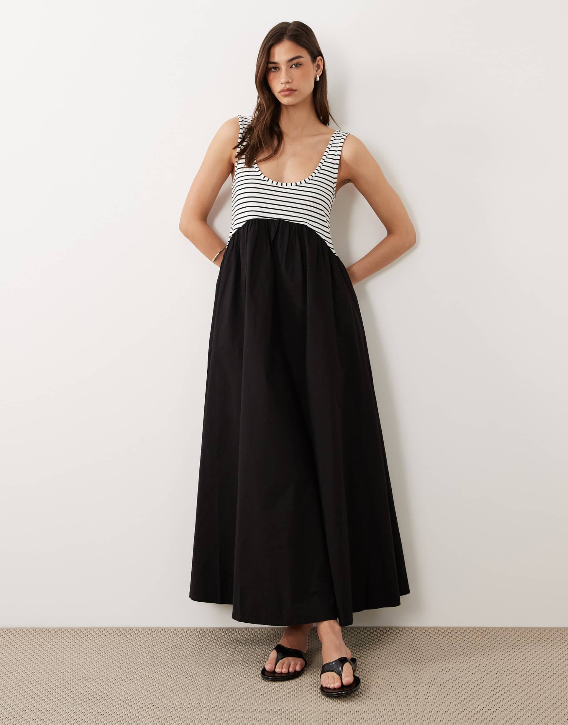 asos design hybrid interlock scoop neck with maxi dress with poplin skirt in black