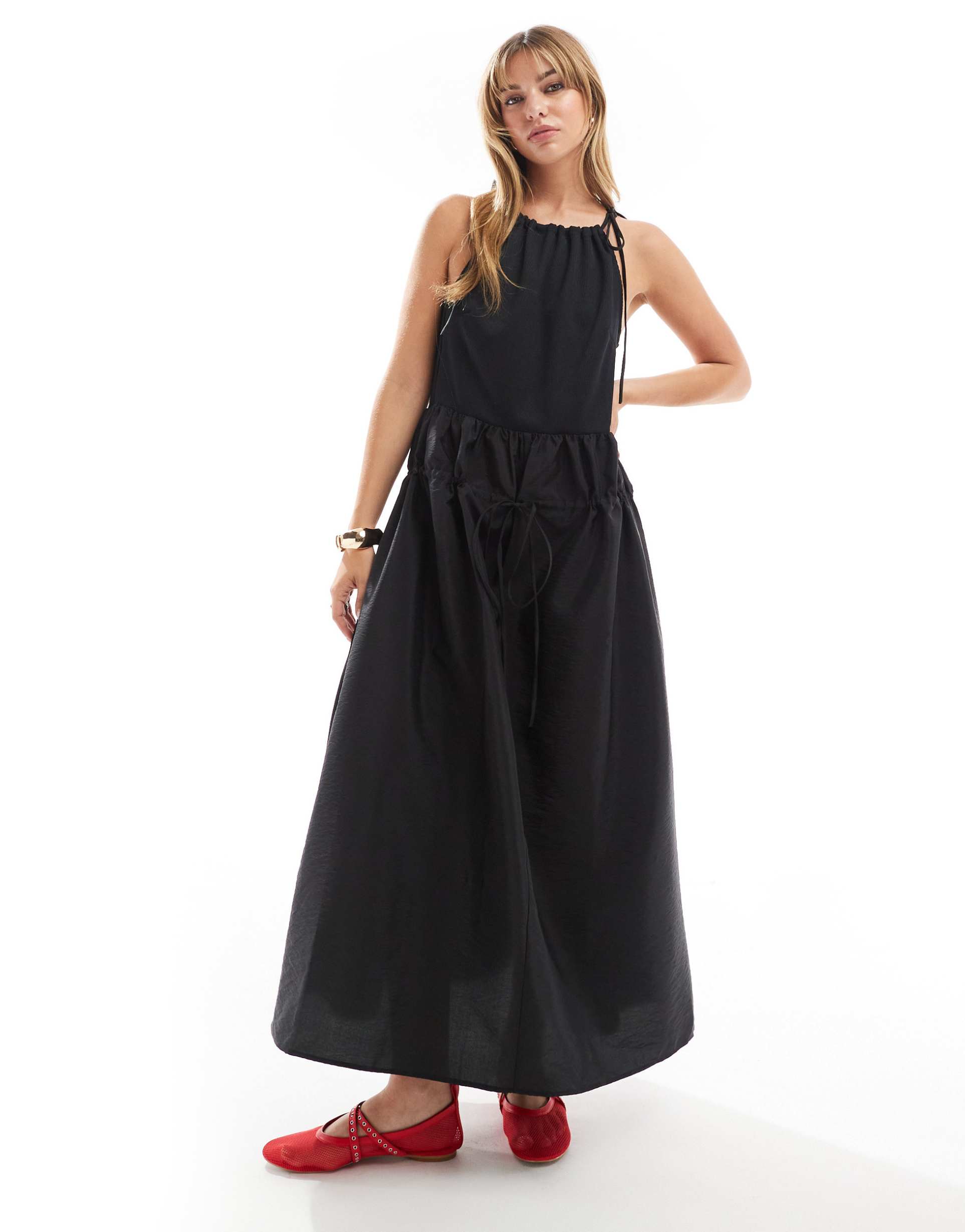 asos design hybrid jersey high neck maxi dress with parachute midi skirt in black