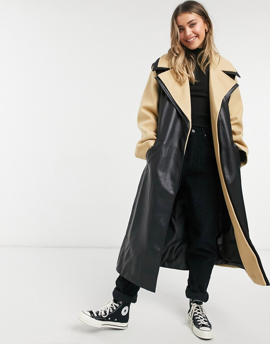 Asos Design Hybrid Leather Look Belted Coat In Camel/black-multi