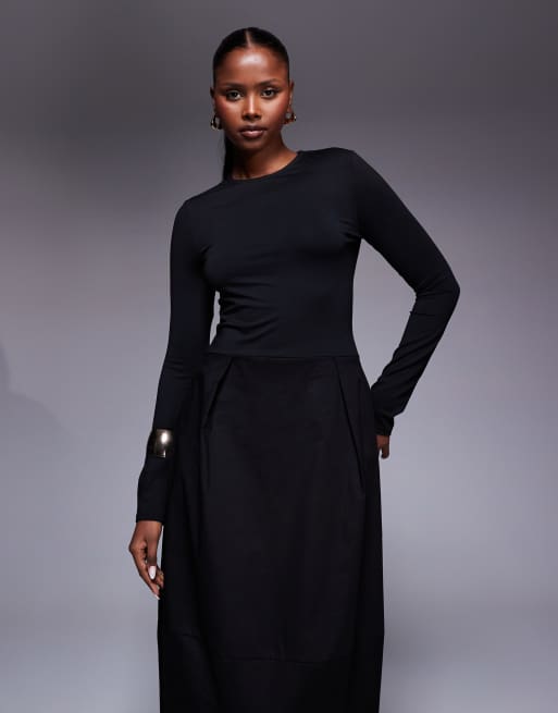 ASOS DESIGN hybrid long sleeve cocoon skirt midi dress in black, 2 of 4