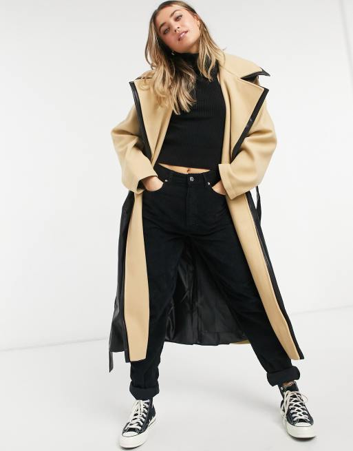 Asos Design Hybrid Mantel Mit Gurtel Im Lederlook In Camel Schwarz Asos