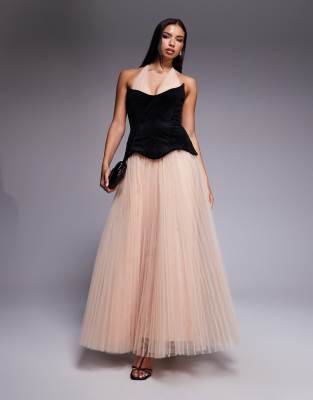 ASOS DESIGN hybrid maxi dress with velvet bonded bodice and contrast pleated tulle skirt in blush-pink