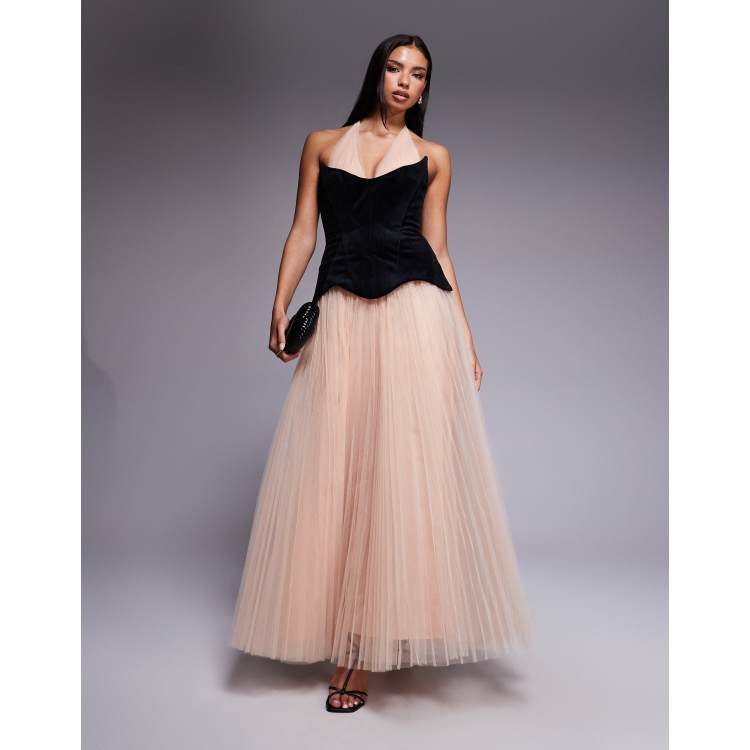 ASOS DESIGN hybrid maxi dress with velvet bonded bodice and contrast  pleated tulle skirt in blush | ASOS