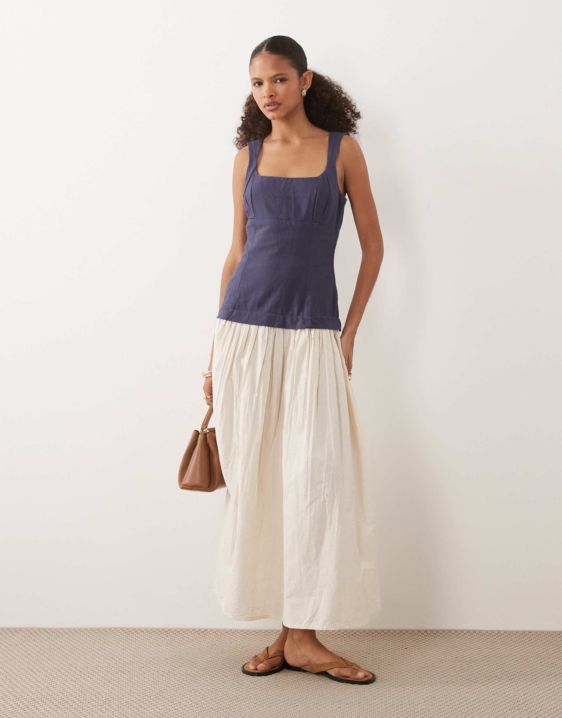 asos design hybrid maxi dress with white and navy contrast bodice