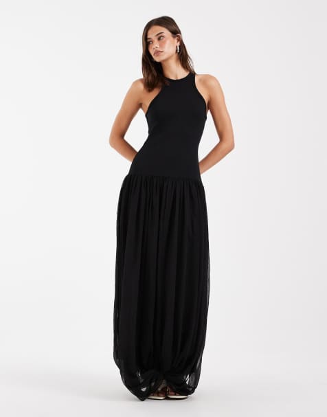 ASOS DESIGN – Hybrid-Maxikleid in Schwarz mit Ringerrücken - view 1
