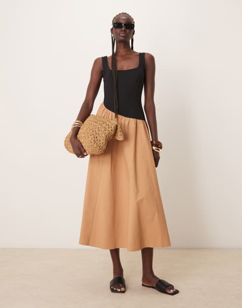 ASOS DESIGN – Hybrid-Maxikleid in Schwarz und Hellbraun mit eckigem Ausschnitt und asymmetrischer, tiefer Taille - view 1