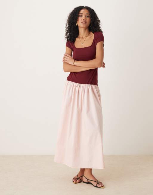 ASOS DESIGN – Hybrid-Maxikleid mit eckigem Ausschnitt und angeschnittenen Ärmeln in Burgunderrot, 4 von 4