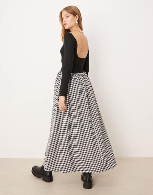 ASOS DESIGN – Hybrid-Maxikleid mit U-Ausschnitt und Rock mit schwarz-weißem Vichy-Karo, 2 von 4