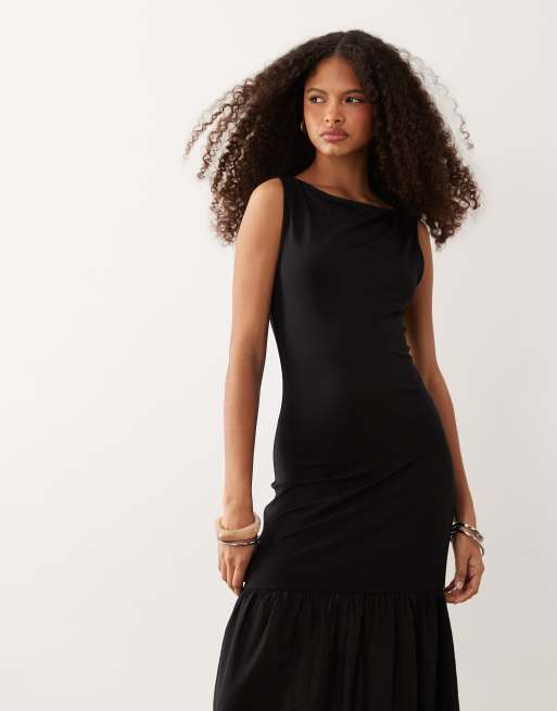ASOS DESIGN – Hybrid-Midaxikleid in Schwarz mit U-Boot-Ausschnitt und tiefer Taille, 3 von 4