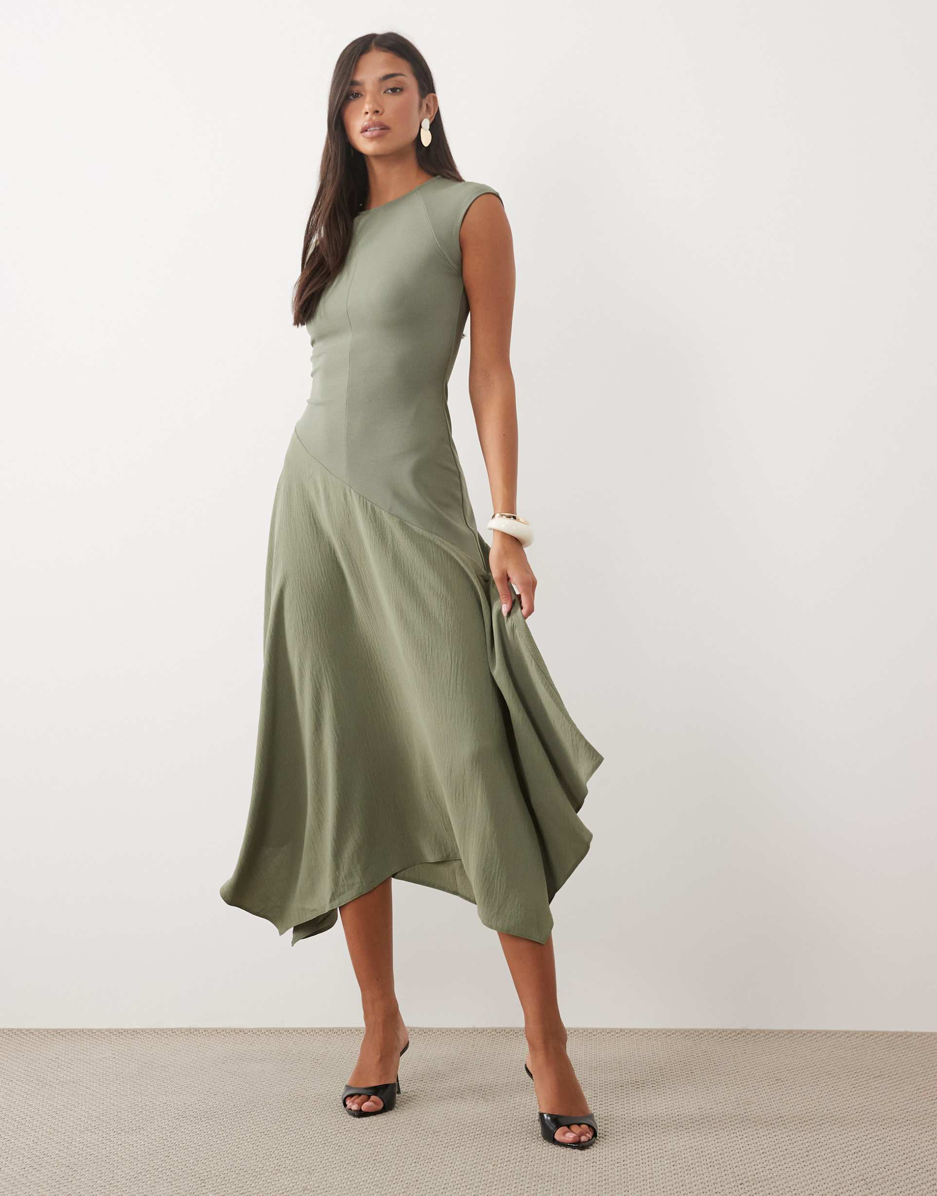 asos design hybrid midi dress with asymmetric drop waist in khaki contrast