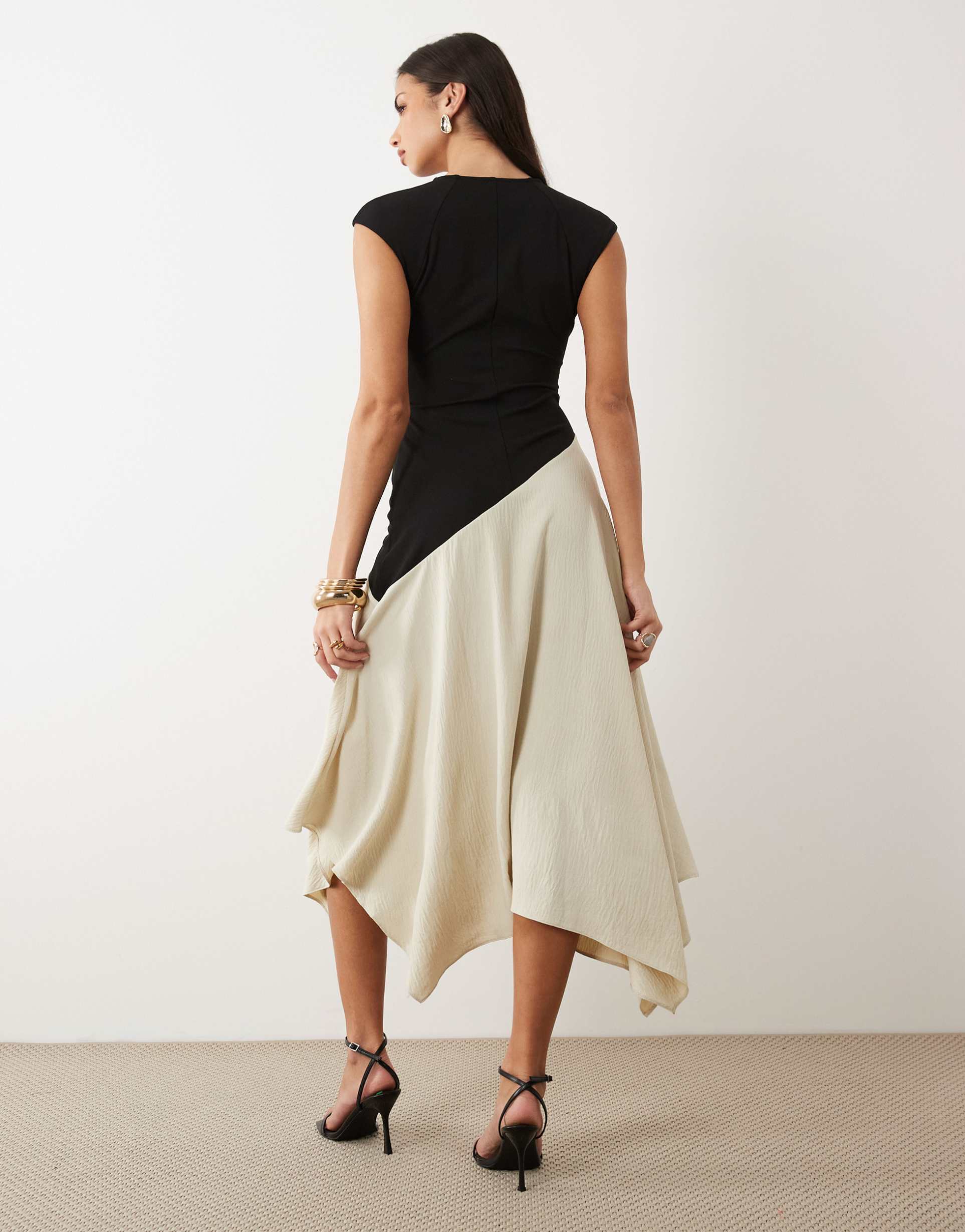 asos design hybrid midi dress with asymmetric dropped waist in monochrome