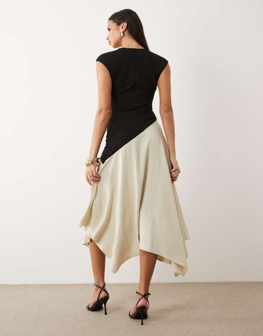 monochrome dress midi ASOS DESIGN hybrid midi dress with asymmetric dropped waist in monochrome