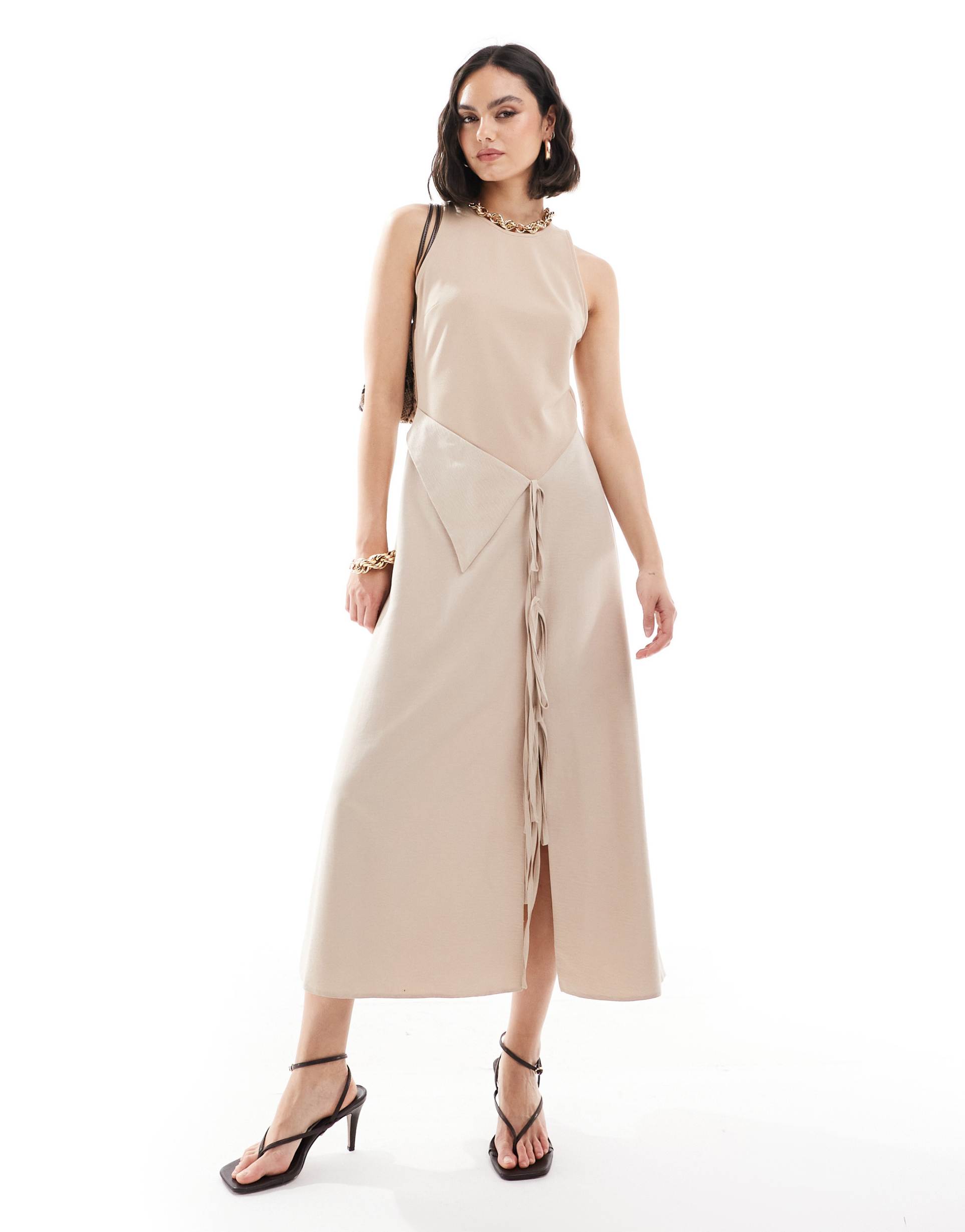 asos design hybrid midi dress with overlay and tie detail in stone