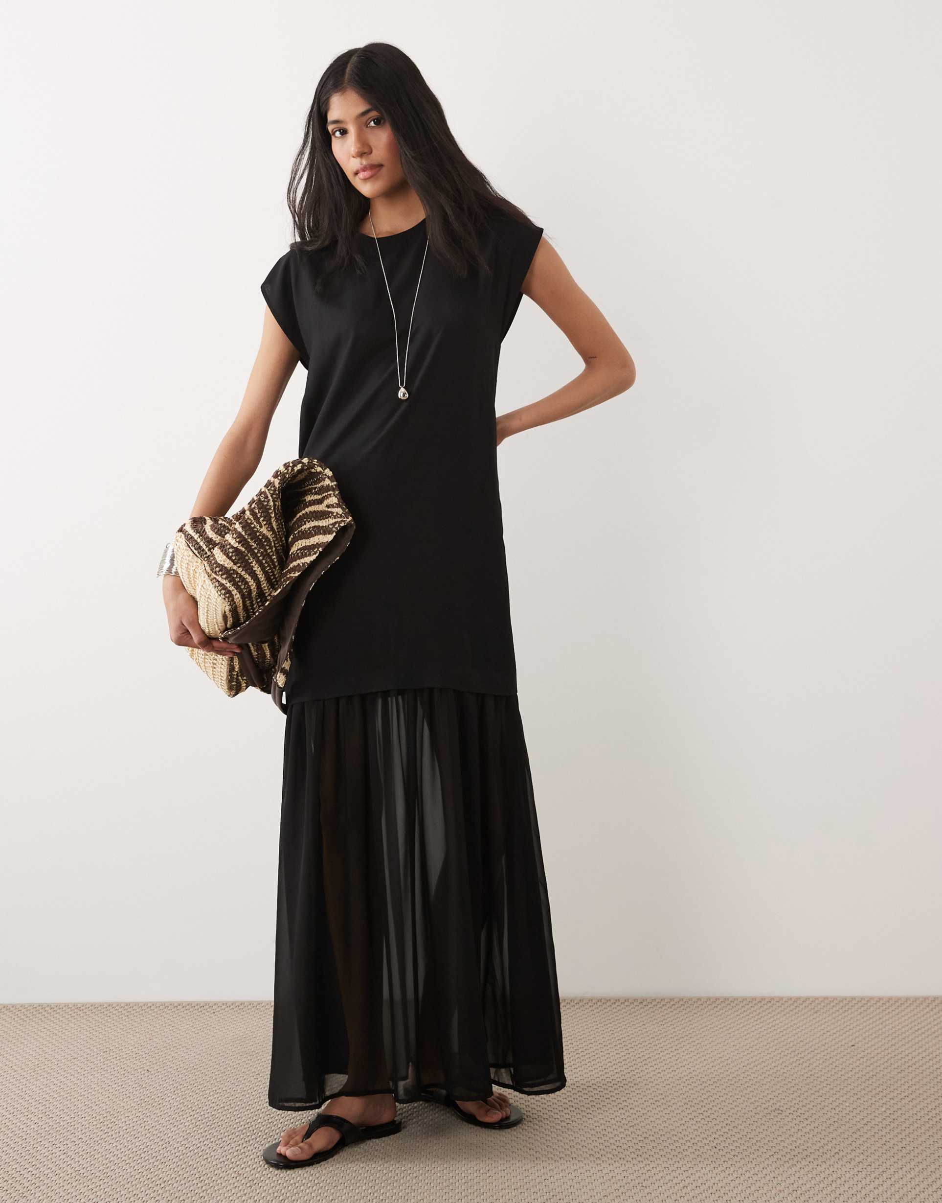 asos design hybrid midi dress with sheer hem in black