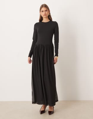 ASOS DESIGN - Hybrid-Midikleid in Schwarz mit U-Boot-Ausschnitt und gewelltem Taillendetail