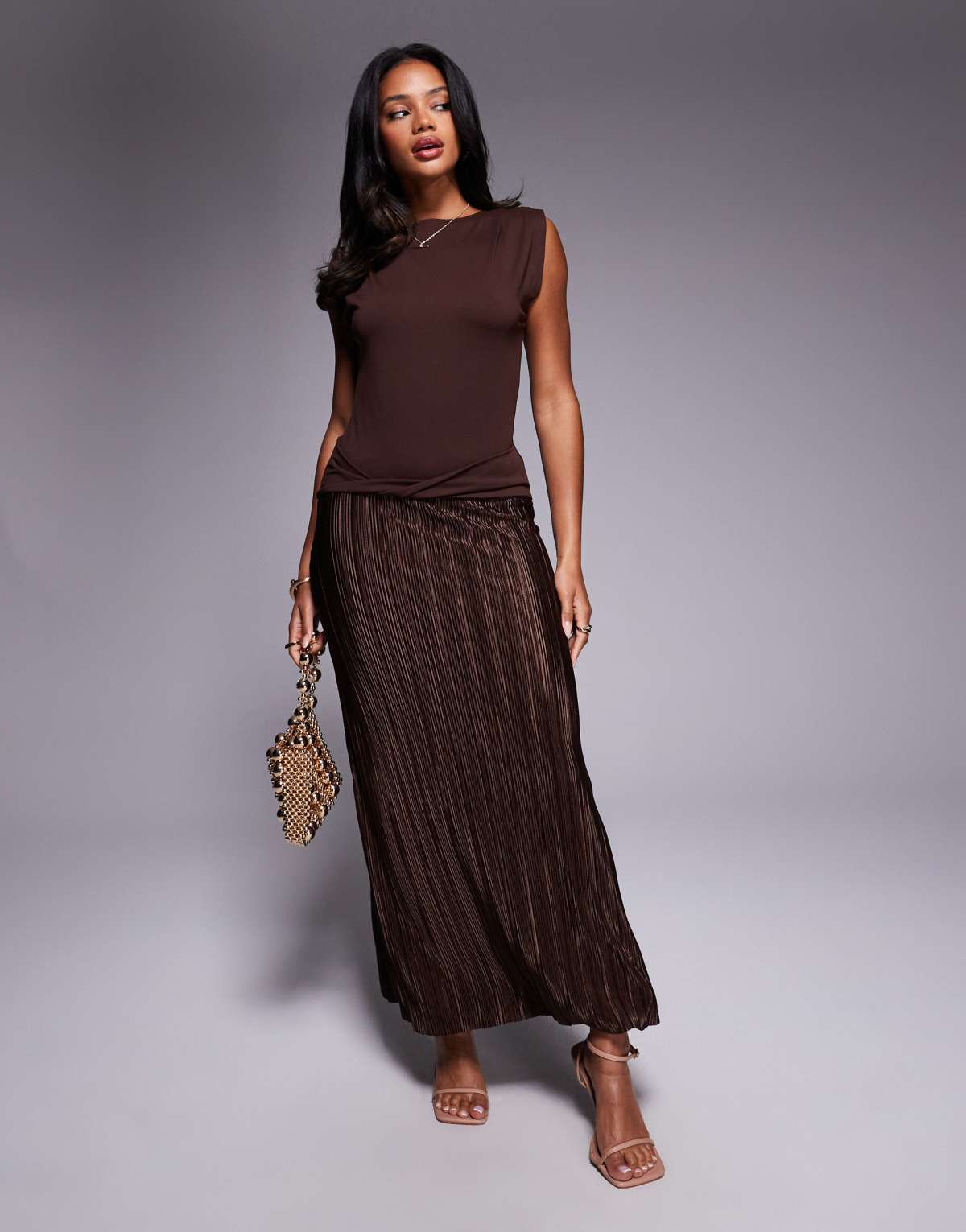 ASOS DESIGN hybrid plisse twist detail maxi dress in brown