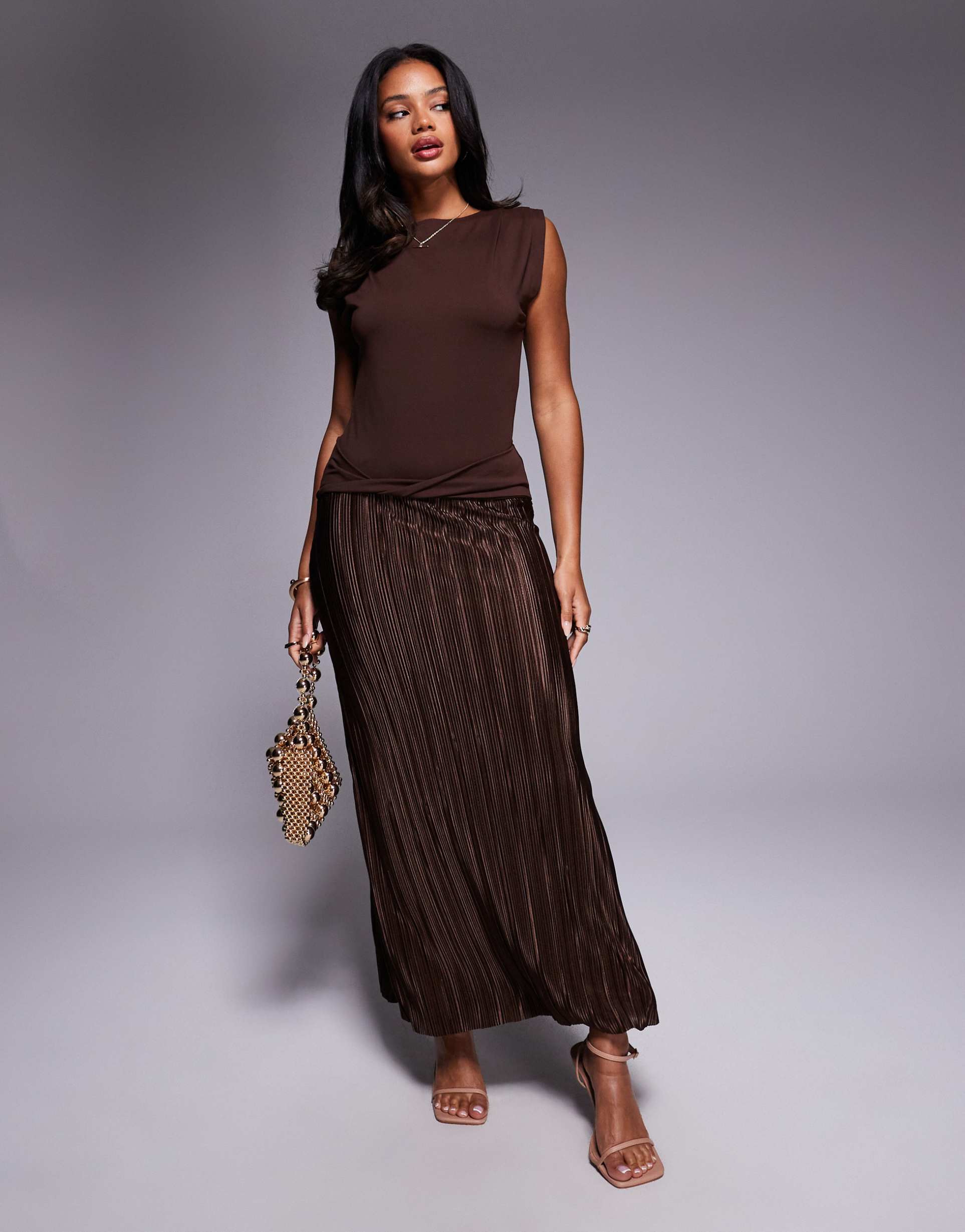 asos design hybrid plisse twist detail maxi dress in brown