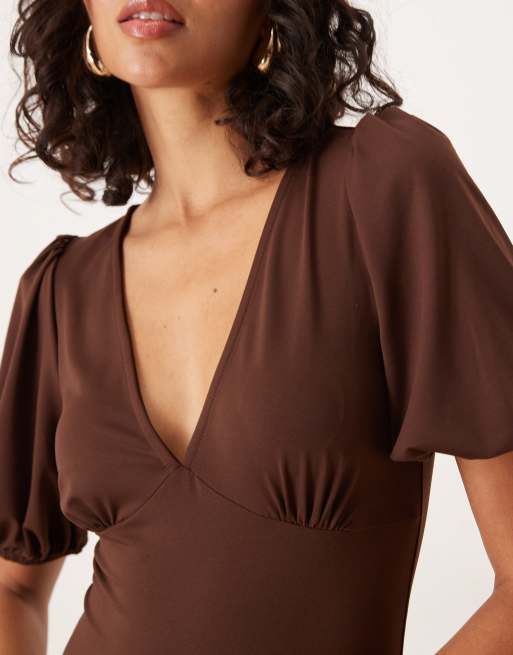 ASOS DESIGN hybrid puff sleeve midi day dress in brown