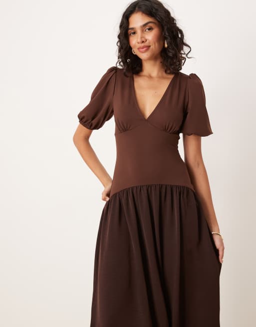 ASOS DESIGN hybrid puff sleeve midi day dress in brown