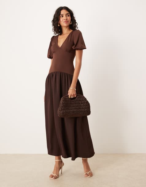 ASOS DESIGN hybrid puff sleeve midi tea dress brown - BROWN - view 1