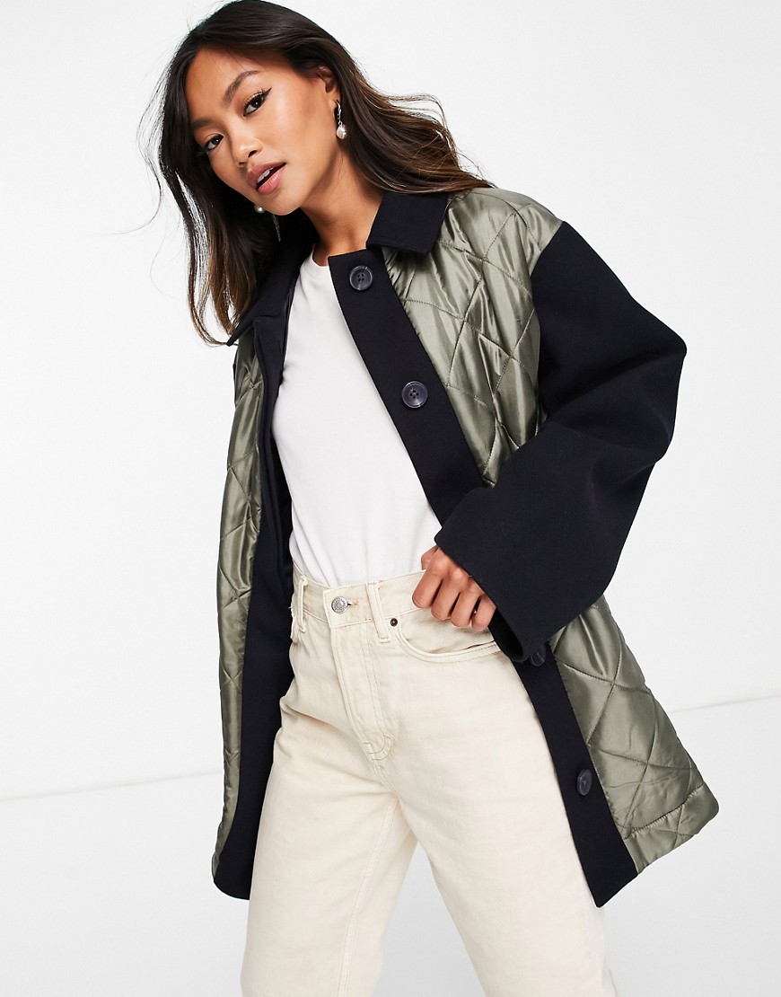 ASOS DESIGN hybrid quilted shacket in khaki and navy-Blue