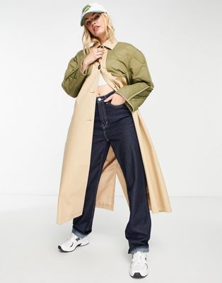 ASOS DESIGN hybrid quilted trench coat in khaki