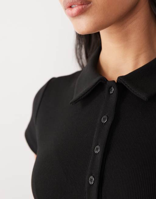 ASOS DESIGN hybrid rib interlock peplum hem mini polo dress in black, 3 of 4