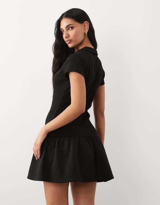 ASOS DESIGN hybrid rib interlock peplum hem mini polo dress in black, 4 of 4