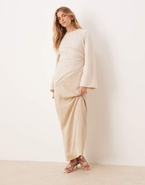 ASOS DESIGN hybrid ruched crinkle maxi dress with flared sleeve in stone - view 1