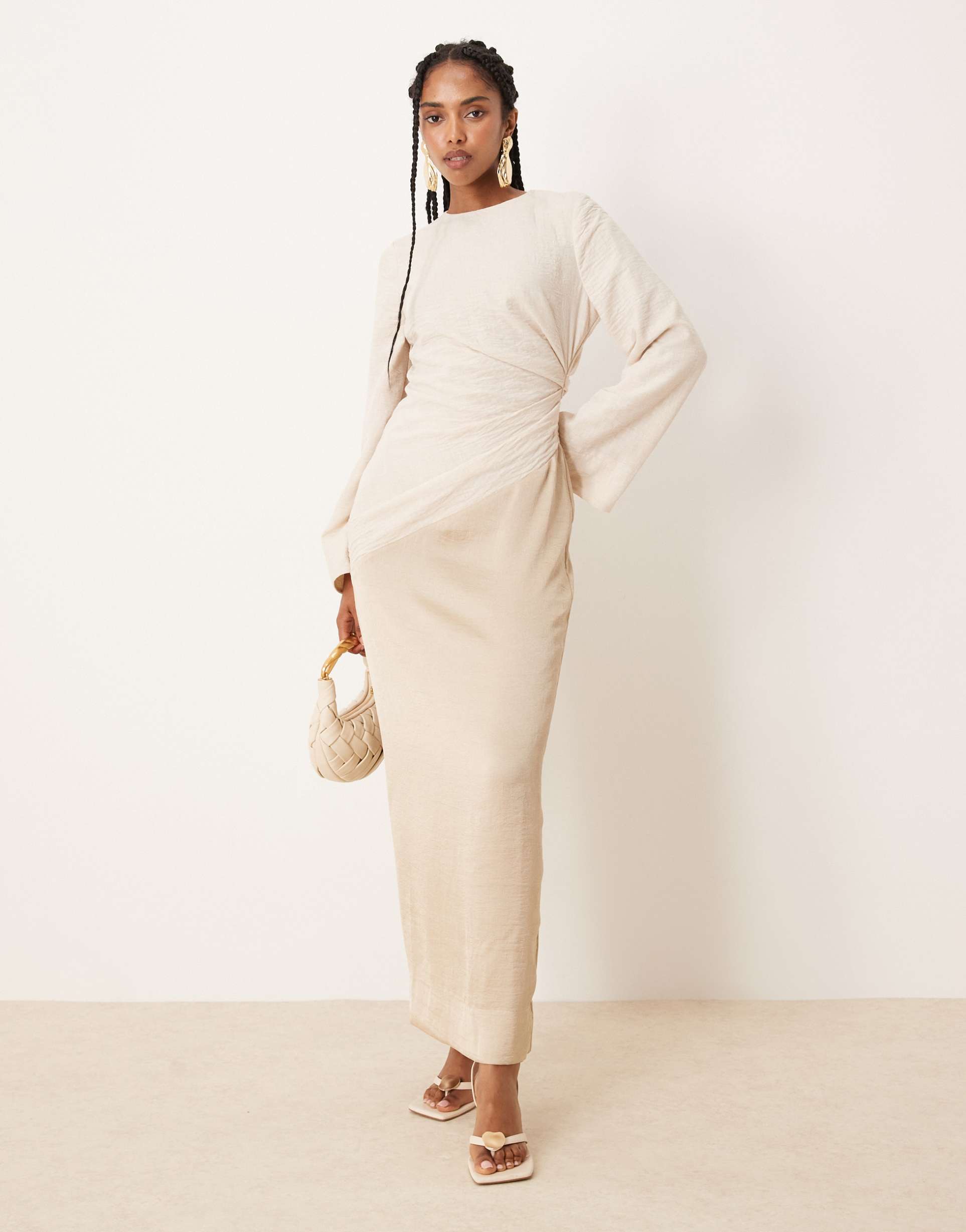 asos design hybrid ruched crinkle maxi dress with flared sleeve in stone