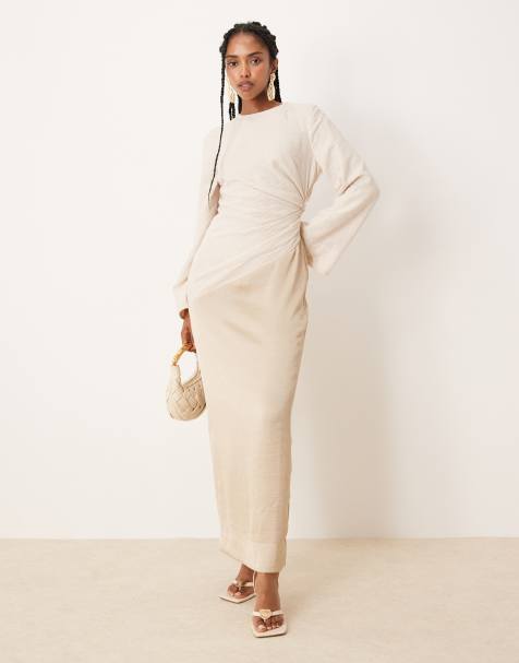 ASOS DESIGN hybrid ruched crinkle maxi dress with flared sleeve in stone