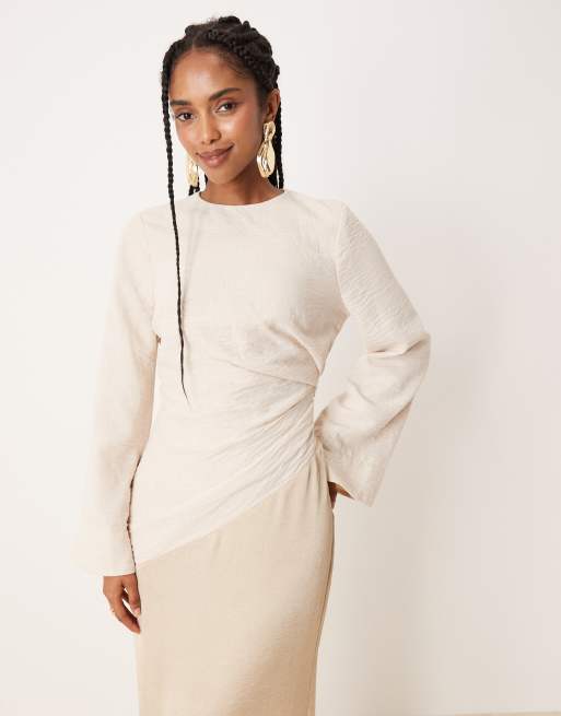 ASOS DESIGN hybrid ruched crinkle maxi dress with flared sleeve in stone