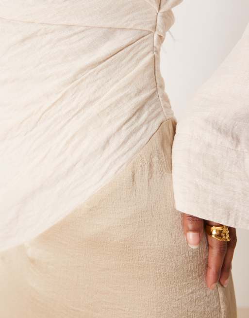 ASOS DESIGN hybrid ruched crinkle maxi dress with flared sleeve in stone