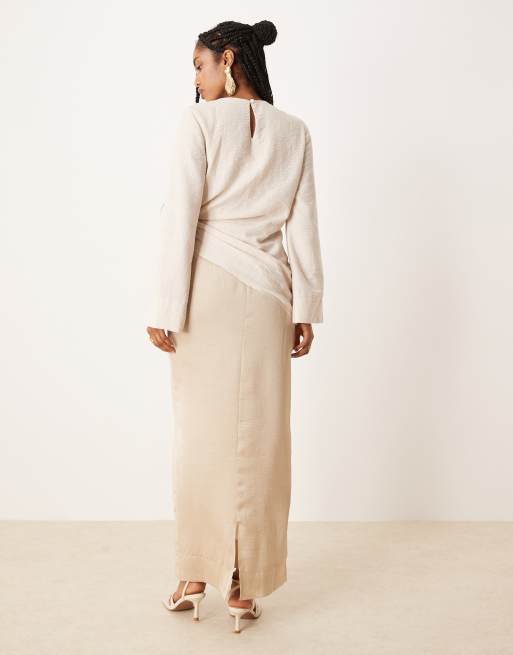 ASOS DESIGN hybrid ruched crinkle maxi dress with flared sleeve in stone