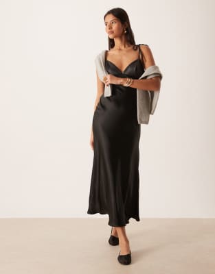 Asos Design Hybrid Satin Cami Slip Midi Dress With Pu Bust In Black