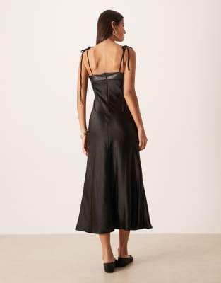Asos Design Hybrid Satin Cami Slip Midi Dress With Pu Bust In Black