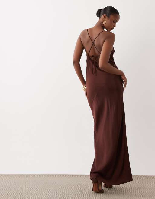 ASOS DESIGN hybrid satin panel cami maxi dress in chocolate, 4 of 4