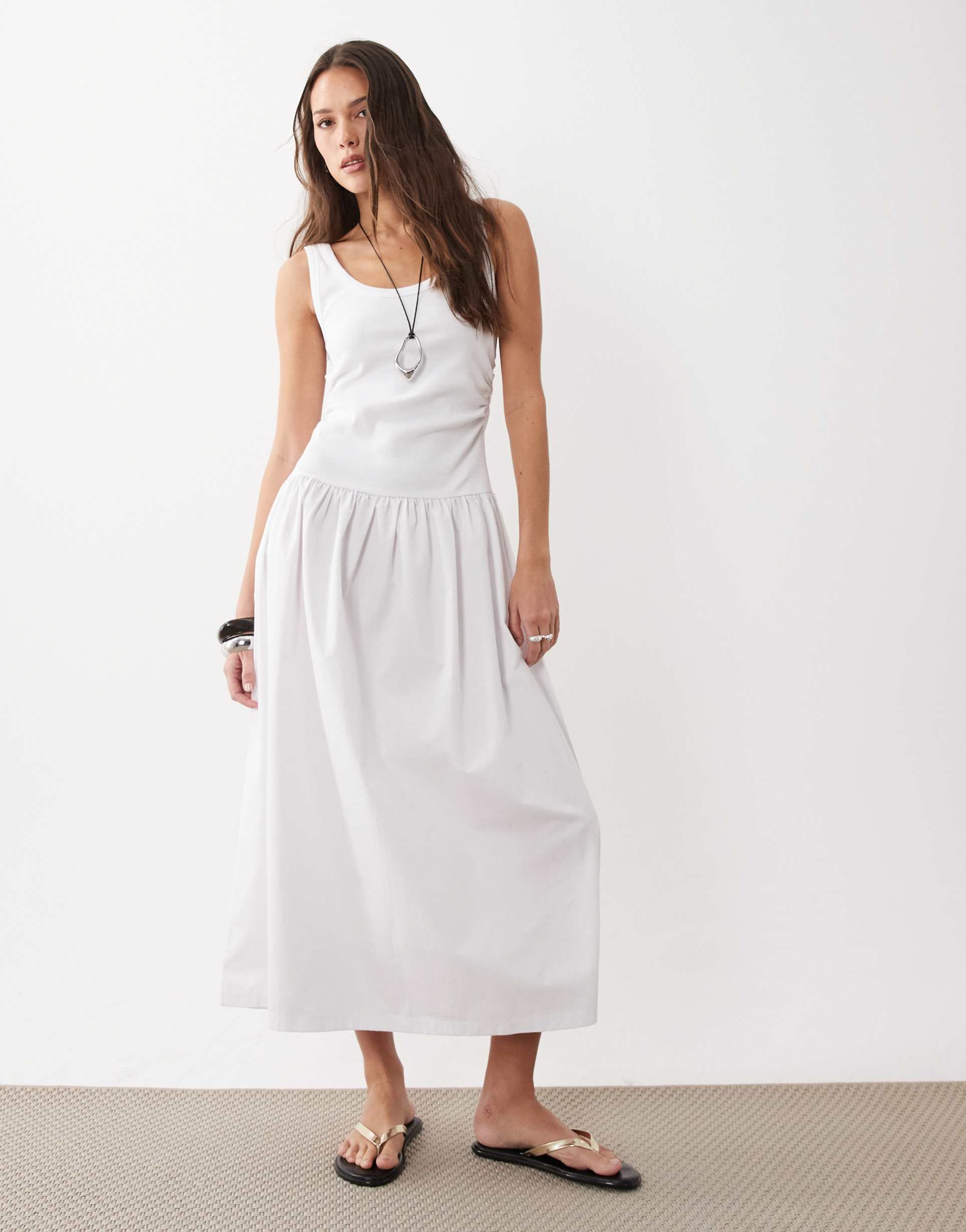 asos design hybrid scoop neck dropped waist maxi dress with poplin skirt in white