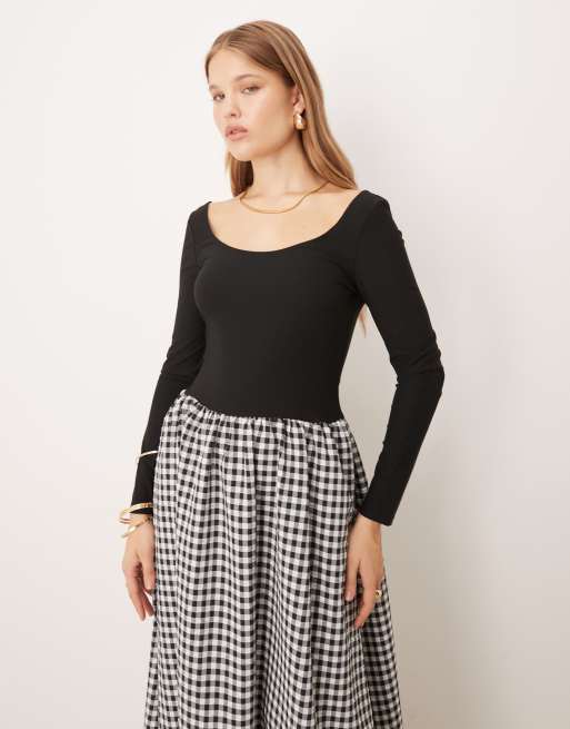 ASOS DESIGN hybrid scoop neck maxi dress in mono gingham skirt, 3 of 4