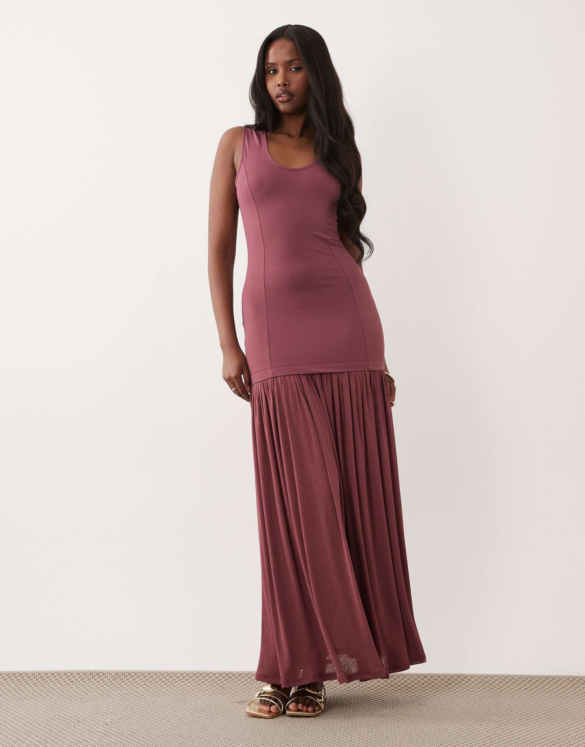 asos design hybrid sleeveless maxi dress with sheer skirt in chocolate