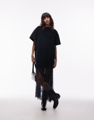 ASOS DESIGN - Hybrid-T-Shirt-Maxikleid aus Cord in dunklem Marineblau mit Rock aus Spitze