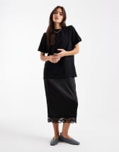 ASOS DESIGN satin lace trim bias cut midi skirt in ecru