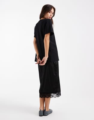 Asos Design Hybrid T-shirt Midi Dress With Lace Satin Skirt In Black
