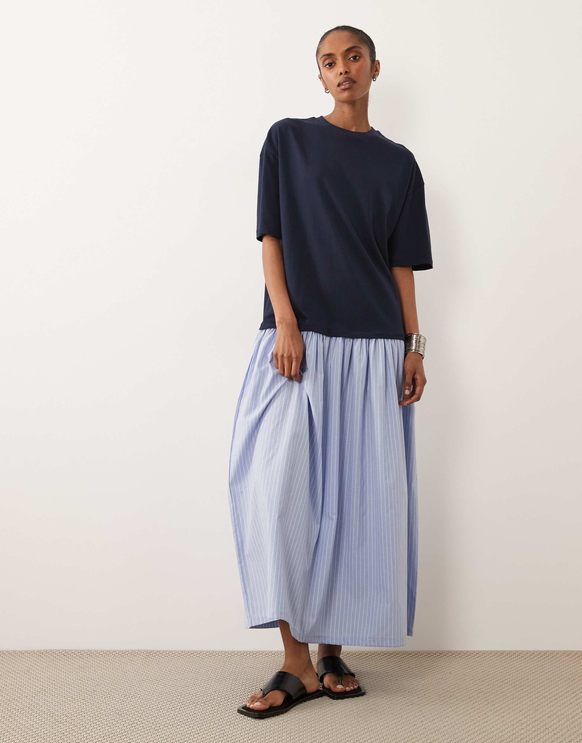 asos design hybrid t-shirt midi dress with striped cotton skirt in navy