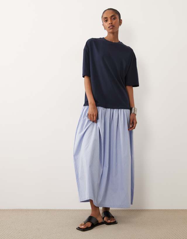 ASOS DESIGN hybrid T-shirt midi dress with striped cotton skirt in navy